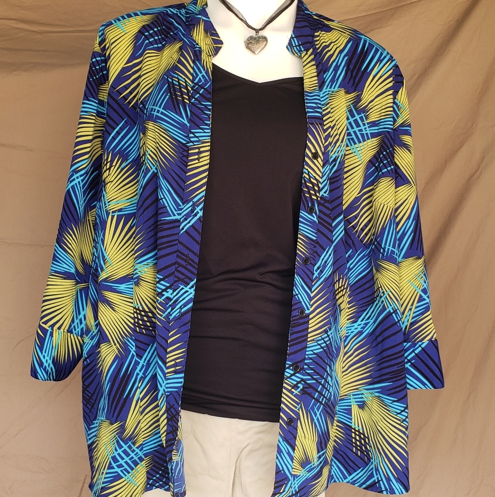 Plus size palm leaves blouse with black undershirt non-wrinkle, colorful